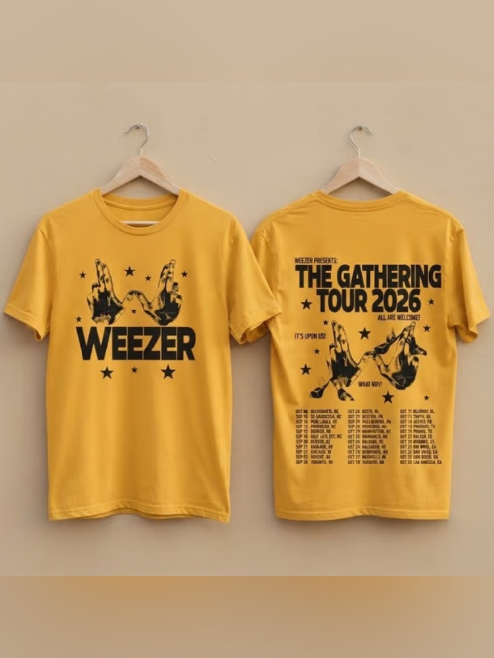 Weezer The Gathering Tour 2026 Vintage Mustard Yellow T-Shirt
